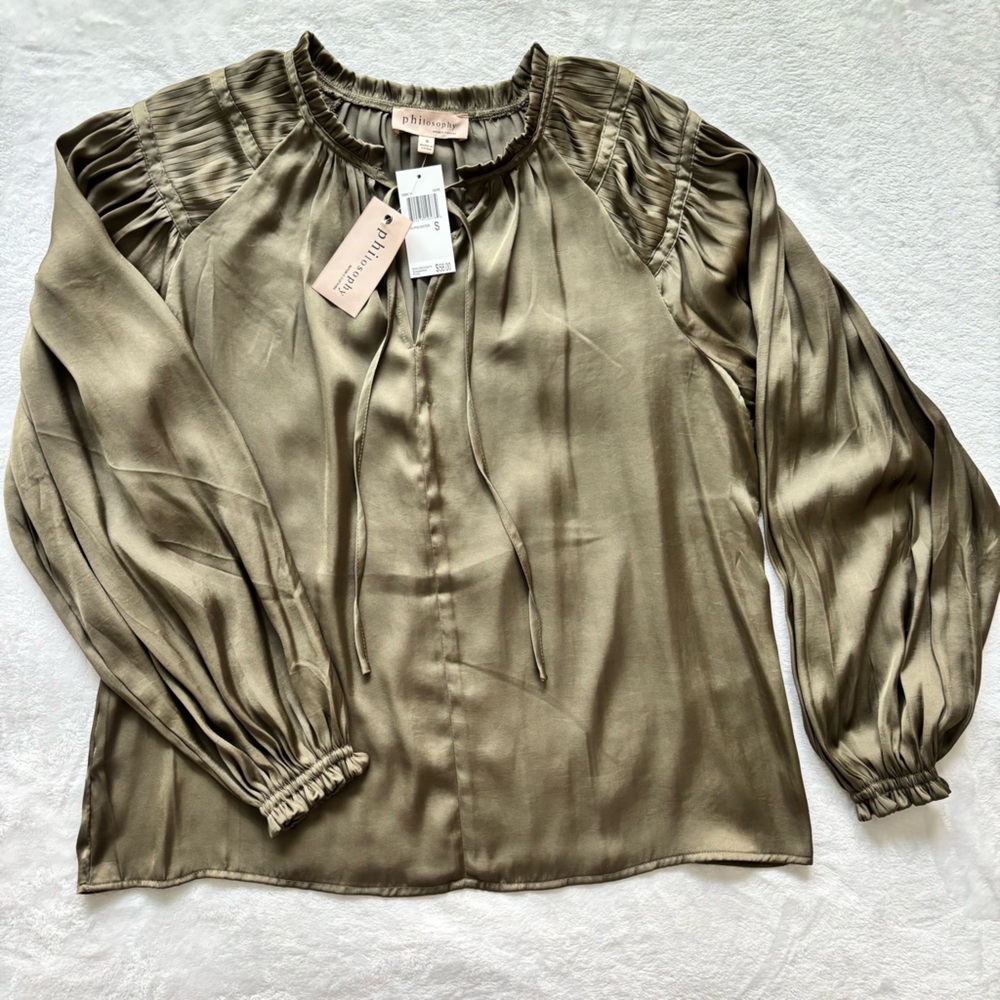 PHILOSOPHY Olive Green Long Sleeve Satin-Like Blouse--S